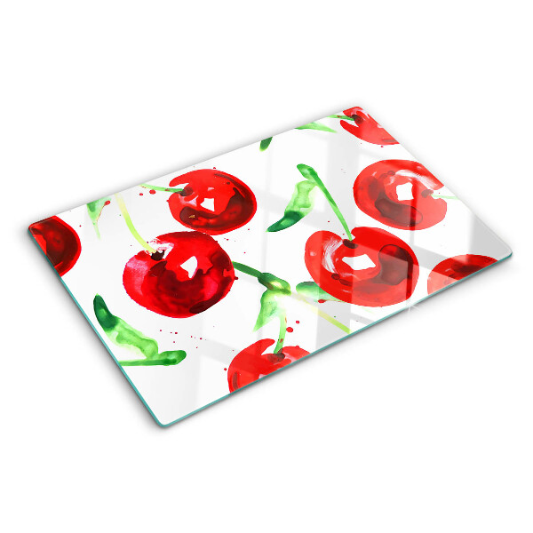 Schneidebrett glas Rote Kirschen auf weißem Hintergrund