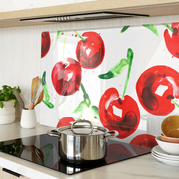 Schneidebrett Glas mit rotem Kirschenmotiv auf weißem Hintergrund