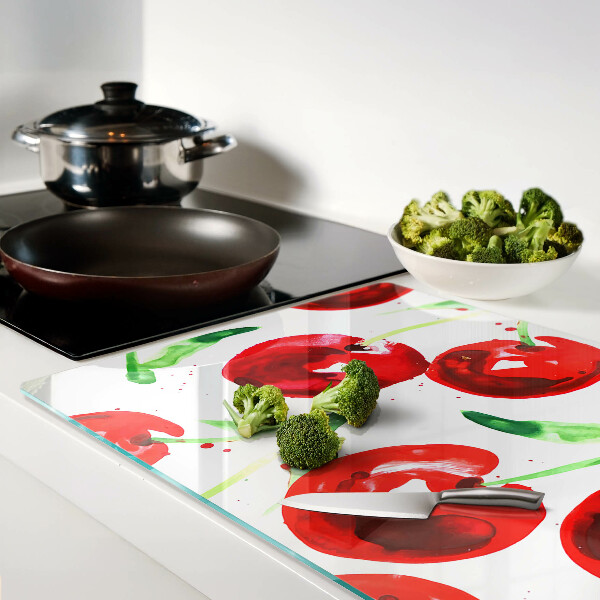 Schneidebrett Glas mit rotem Kirschenmotiv auf weißem Hintergrund