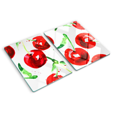 Schneidebrett glas Rote Kirschen auf weißem Hintergrund