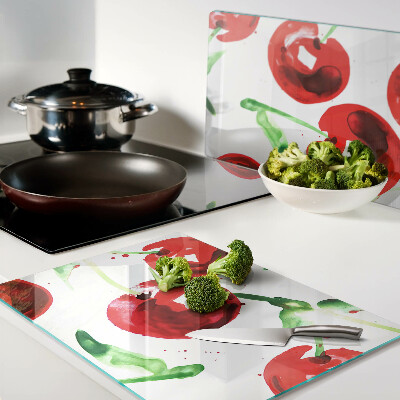 Schneidebrett Glas mit rotem Kirschenmotiv auf weißem Hintergrund