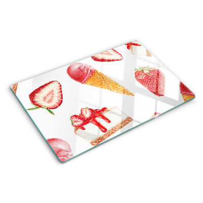 Glas-Schneidebrett mit Motiv Eiscreme und Erdbeeren