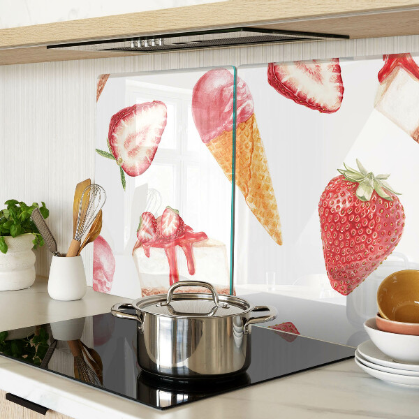 Glas-Schneidebrett mit Motiv Eiscreme und Erdbeeren