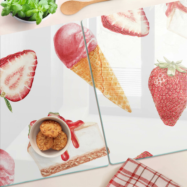 Glas-Schneidebrett mit Motiv Eiscreme und Erdbeeren