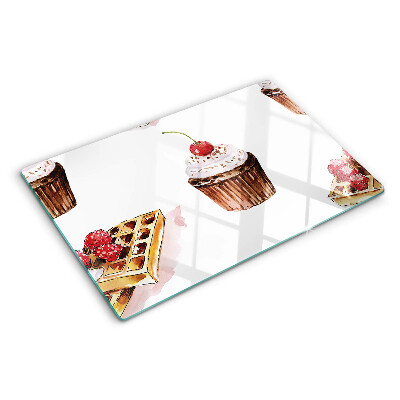 Schneidebrett mit Motiv von Waffeln und Cupcakes mit Kirschen