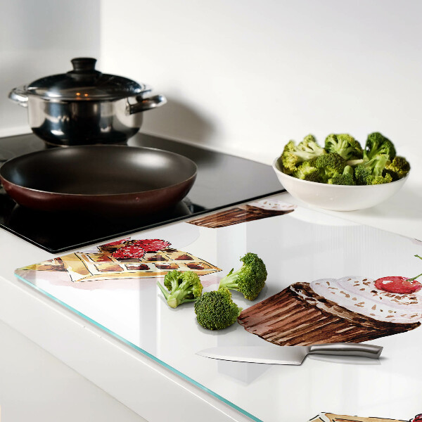 Schneidebrett mit Motiv von Waffeln und Cupcakes mit Kirschen