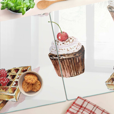 Schneidebrett mit Motiv von Waffeln und Cupcakes mit Kirschen