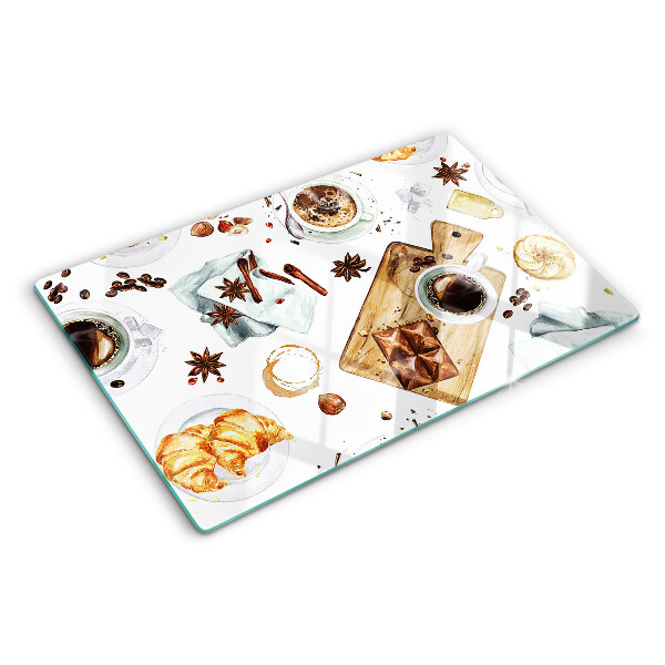 Glas schneidebrett Kaffeespezialitäten und Backwaren