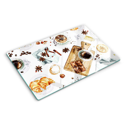 Glas-Schneidebrett mit Motiv zu Kaffeespezialitäten und Backwaren