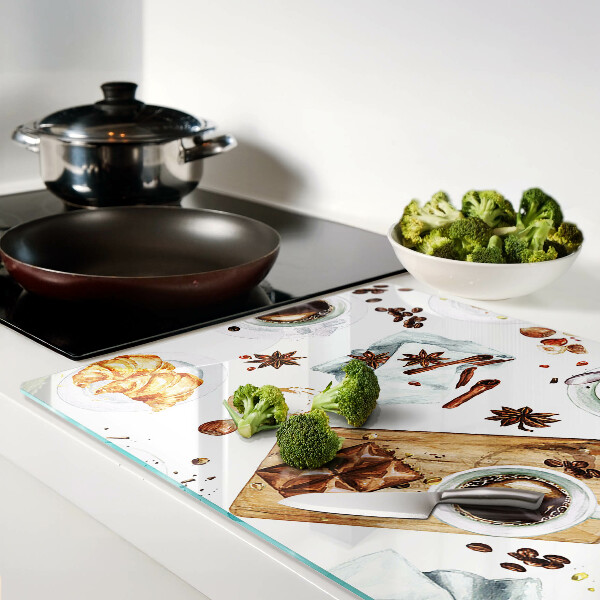 Glas-Schneidebrett mit Motiv zu Kaffeespezialitäten und Backwaren