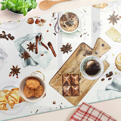 Glas-Schneidebrett mit Motiv zu Kaffeespezialitäten und Backwaren
