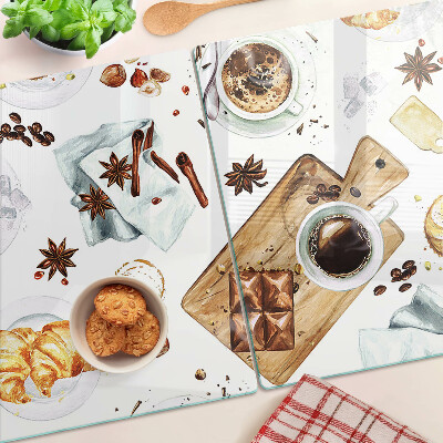 Glas-Schneidebrett mit Motiv zu Kaffeespezialitäten und Backwaren