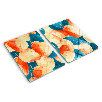 Schneidebrett Glas mit einem Motiv von Pfirsichen vor einem Blätterhintergrund