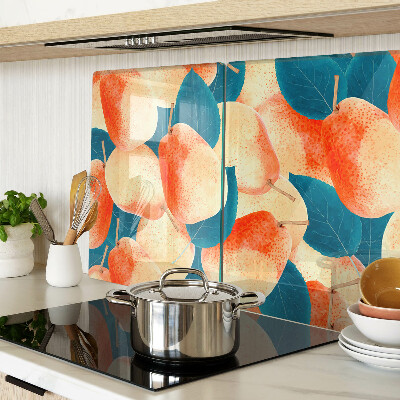 Schneidebrett Glas mit einem Motiv von Pfirsichen vor einem Blätterhintergrund