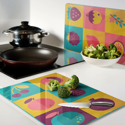 Schneidebrett Fruchtmotiv in bunten Quadraten