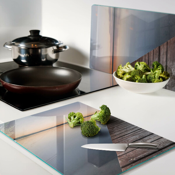 Schneidebrett glas Pier am See bei Sonnenuntergang