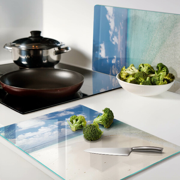 Glas Schneidebrett mit Strandmotiv und blauem Himmel