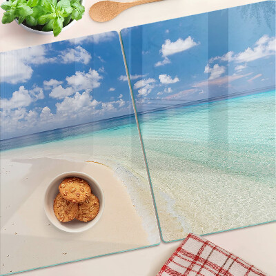 Glas Schneidebrett mit Strandmotiv und blauem Himmel