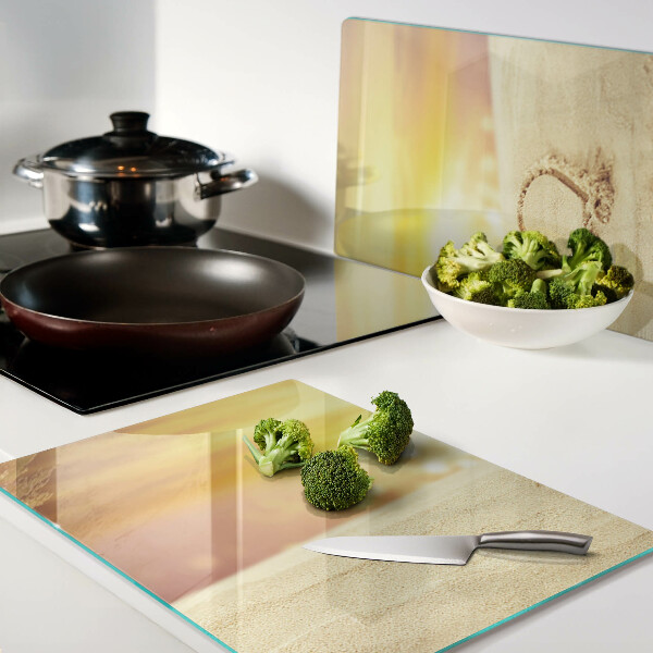 Schneidebrett Glas mit Motiv eines Strandes bei Sonnenuntergang