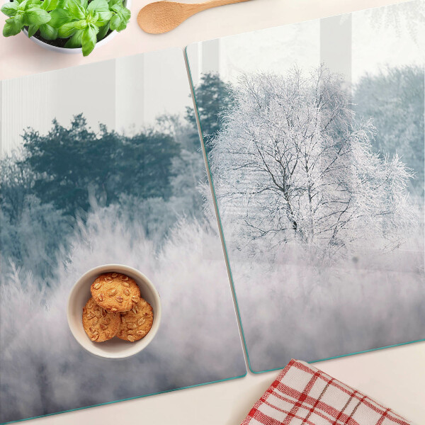 Schneidebrett Glas mit Winterlandschaft und Bäumen