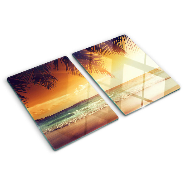 Glas-Schneidebrett mit Motiv „Sonnenuntergang über dem Strand“