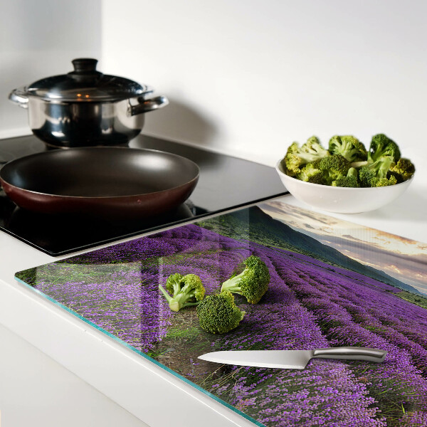 Glas schneidebrett Lavendelfeld bei Sonnenuntergang