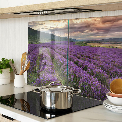 Glas-Schneidebrett mit Motiv eines Lavendelfelds bei Sonnenuntergang