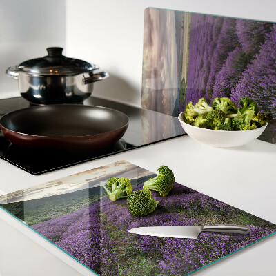 Glas schneidebrett Lavendelfeld bei Sonnenuntergang