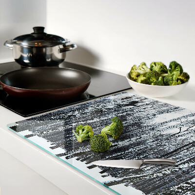 Schneidebrett Glas mit Motiv Winterwald und Birken