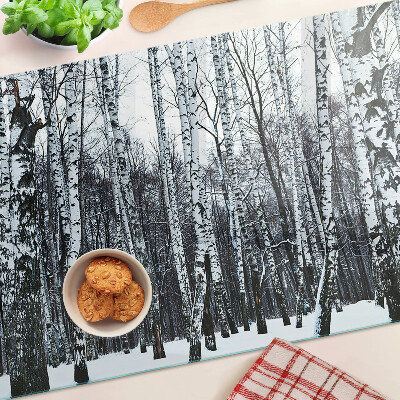 Schneidebrett Glas mit Motiv Winterwald und Birken