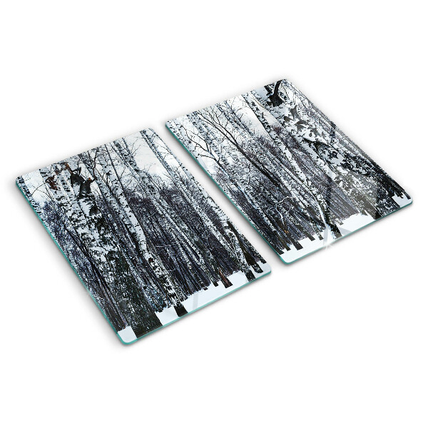 Schneidebrett Glas mit Motiv Winterwald und Birken