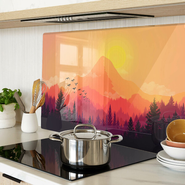 Glas Schneidebrett mit Motiv einer Berglandschaft bei Sonnenuntergang