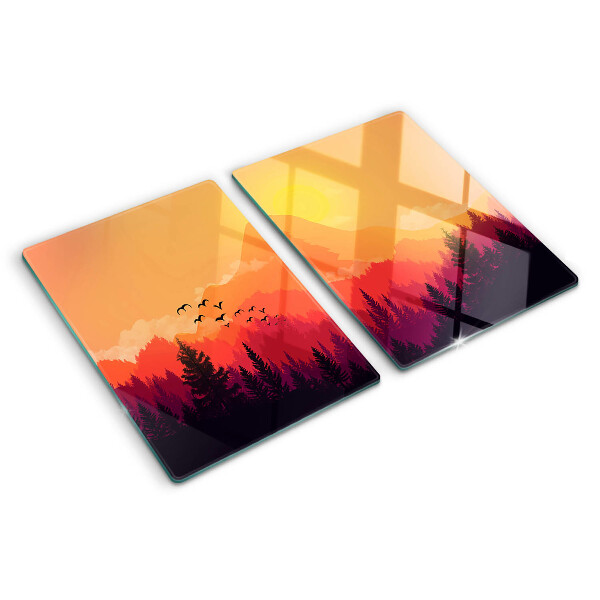 Glas Schneidebrett mit Motiv einer Berglandschaft bei Sonnenuntergang