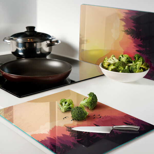 Glas Schneidebrett mit Motiv einer Berglandschaft bei Sonnenuntergang