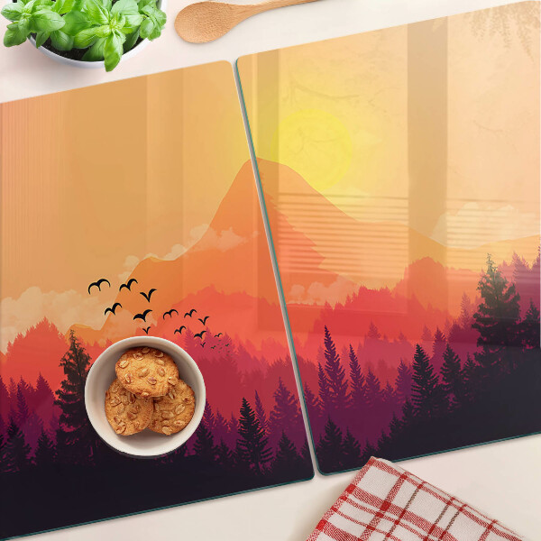 Glas Schneidebrett mit Motiv einer Berglandschaft bei Sonnenuntergang