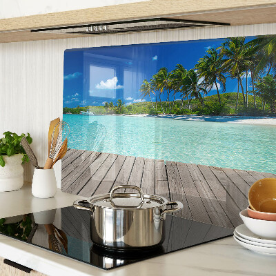 Schneidebrett Glas mit Motiv eines tropischen Strandes und Palmen