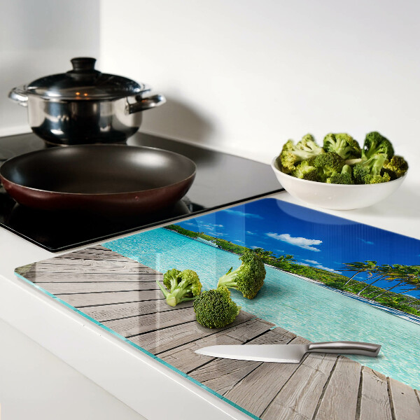 Schneidebrett Glas mit Motiv eines tropischen Strandes und Palmen