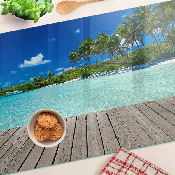 Schneidebrett Glas mit Motiv eines tropischen Strandes und Palmen