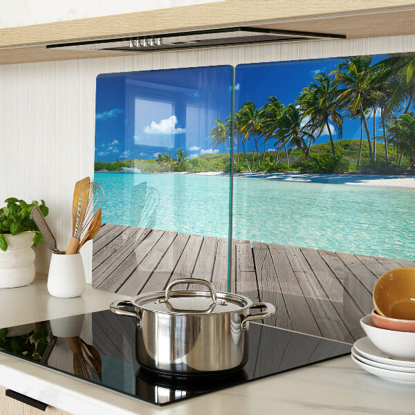 Schneidebrett Glas mit Motiv eines tropischen Strandes und Palmen