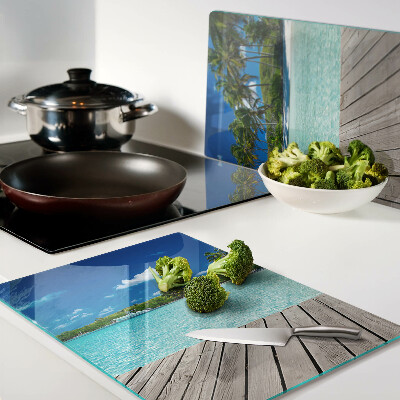 Schneidebrett Glas mit Motiv eines tropischen Strandes und Palmen