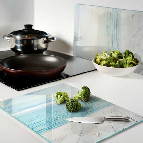 Glas-Schneidebrett mit Motiv 'Das Meer und der hölzerne Steg'