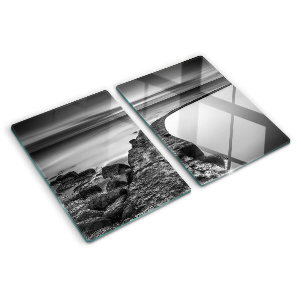 Schneidebrett Glas mit einer Küstenlandschaft in Grautönen