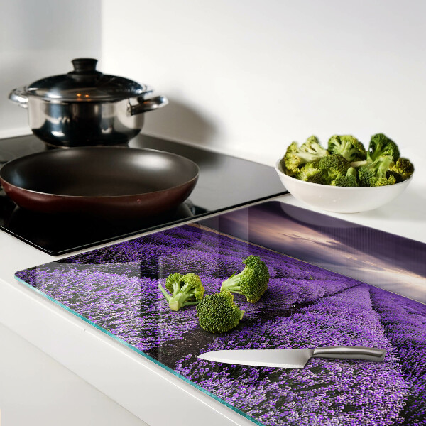 Glas-Schneidebrett mit Motiv „Lavendelfeld im Sonnenuntergang“