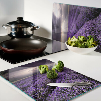 Glas-Schneidebrett mit Motiv „Lavendelfeld im Sonnenuntergang“
