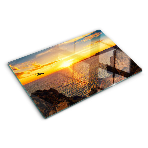 Glas-Schneidebrett mit Motiv 'Sonnenuntergang über dem Meer'