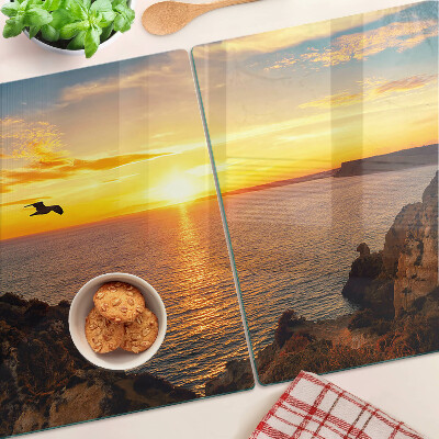 Glas-Schneidebrett mit Motiv 'Sonnenuntergang über dem Meer'
