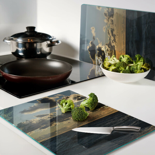 Glas-Schneidebrett mit Motiv 'Sonnenuntergang über dem Meer'