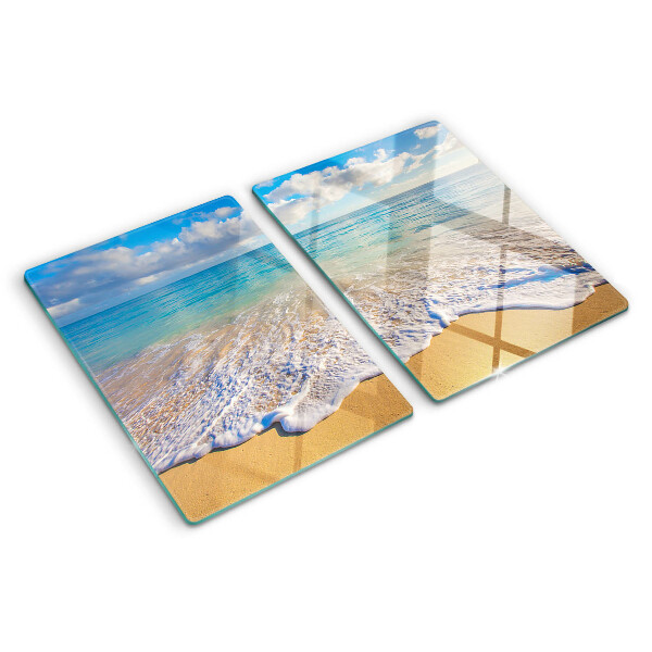 Schneidebrett Glas mit Strandmotiv sowie Wellen und Wolken