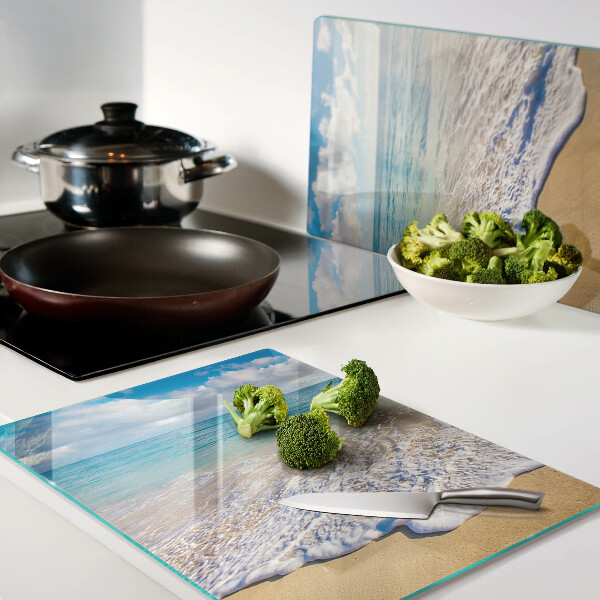 Schneidebrett Glas mit Strandmotiv sowie Wellen und Wolken