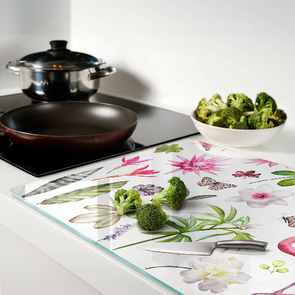Glas-Schneidebrett mit tropischen Blumen- und Vogelmotiven